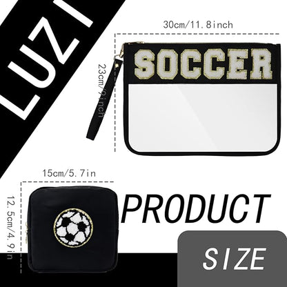 2 Pcs Soccer Gifts Cosmetic Makeup Bag with Chenille Letter Patch,with Handles PVC Waterproof Clear Makeup Bag,Portable Toiletry Storage Bag,Players & Fans Birthday, Team or Sports Lover Presents