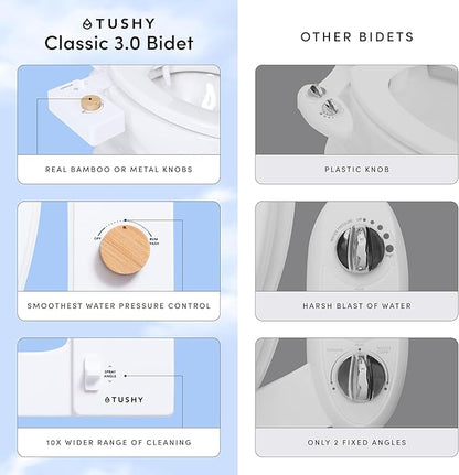 TUSHY Classic 3.0 Bidet Toilet Seat Attachment - A Non-Electric Self Cleaning Water Sprayer with Adjustable Water Pressure Nozzle, Angle Control & Easy Home Installation (White/Gunmetal)