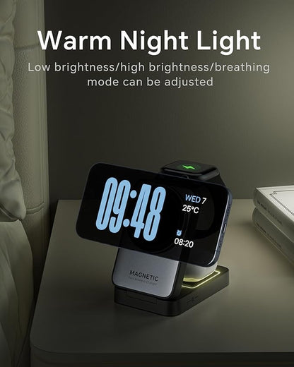 2025 Upgraded 3-in-1 Wireless Charger for iPhone,Travel Magnetic Charger Stand Nightlight Foldable Wireless Charging Station Compatible with Magsafe Charger&iPhone 17/16/15/14/13,Apple Watch&AirPods