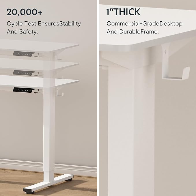 FLEXISPOT EN1 One-Piece Standing Desk with 1-Inch Thick Desktop, 55"x28" Electric Height Adjustable Desk for Home Office & Multi-Device Workstations, White(White Frame)