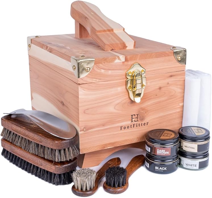 FootFitter Shoe Shine Set with Grand Cedar Storage Box, Polish Creams, Valet Box & Premium Shoe Care Tools for Leather Shoes