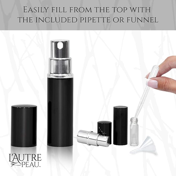 L'AUTRE PEAU Refillable Perfume & Cologne Fine Mist Atomizers with Metallic Exterior & Glass Interior - Portable Travel Size - 3ml Squeeze Transfer Pipette Included - 4 Pc Pack of 5ml (Black)