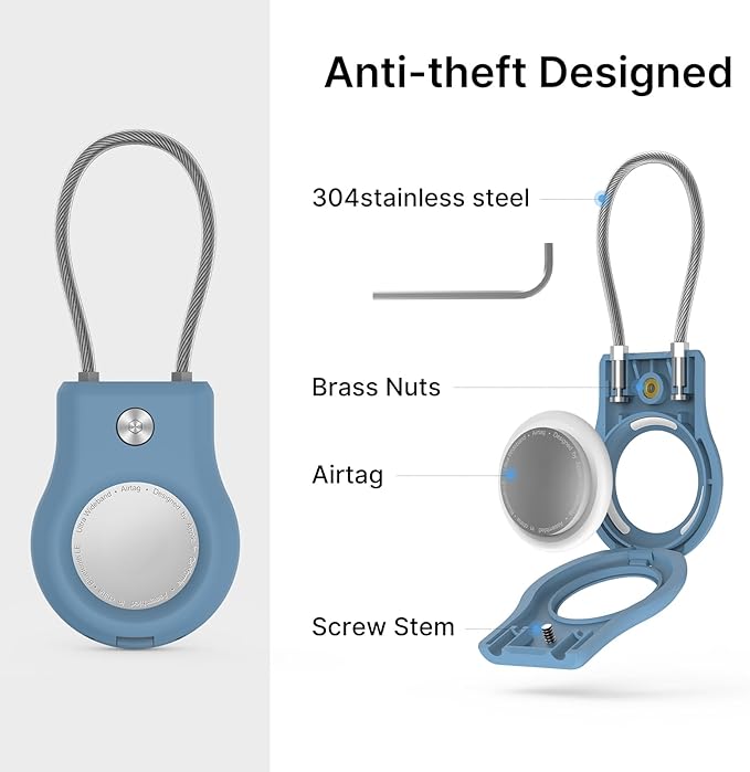 AirTag Keychain Holder - (4 Pack) Airtag Lock Case with Wire Cable Compatible with Apple AirTags,Ultra Durable Anti-Lost Protective Case with Keyring for Luggage, Key, Backpack, Bag Black/Light Blue