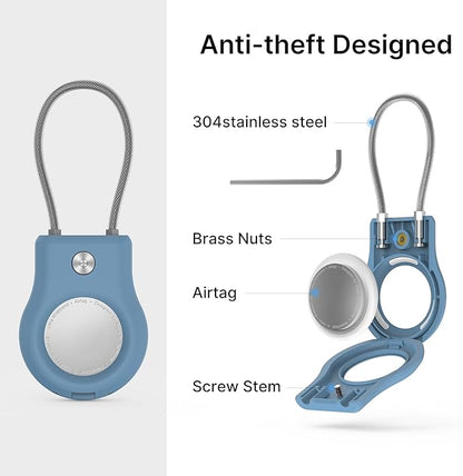 AirTag Keychain Holder - (4 Pack) Airtag Lock Case with Wire Cable Compatible with Apple AirTags,Ultra Durable Anti-Lost Protective Case with Keyring for Luggage, Key, Backpack, Bag Black/Light Blue