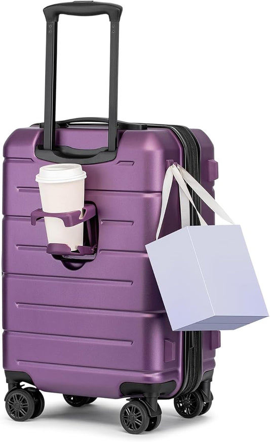 KYME Carry On Luggage 22x14x9 Airline Approved with TSA Lock Hardshell Expandable 20 Inch Luggage Carry On Suitcase with Wheels Small Travel Rolling Luggage with Cup Holder for Women Dark Purple