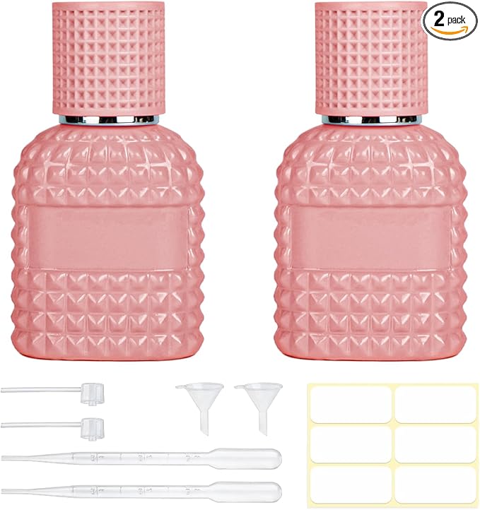 2 Pack 30ml Perfume Spray Bottles Empty, Refillable Glass Fine Mist Atomizer, Portable Travel Perfume Atomizers Fragrance Containers Sprayer for Cleaning, Essential Oils, Liquids (Pink)