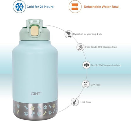 GiNT 37oz Insulated Stainless Steel Dog & Human Water Bottle | Leakproof Travel Dispenser with Detachable 10oz Bowl, 24H Cold/12H Hot, Carrying Case for Walking, Hiking,Camping & Outdoor Travel(Green)