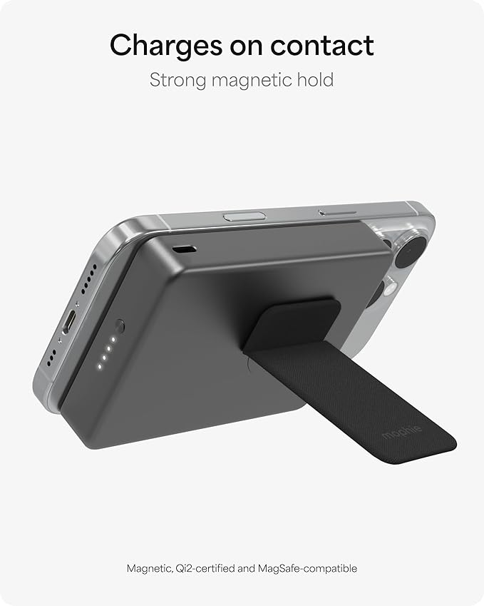 Mophie Powerstation Wireless Slim with Stand 10,000mAh Power Bank – MagSafe Compatible, 15W Qi2-Certified, 30W USB-C PD Fast Charging, Slim Battery Pack for iPhone, Android, Travel & Airplane Use