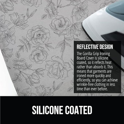 GORILLA GRIP The Original Ironing Board Cover and Pad, Silicone Coating, Thick Scorch Resistant Padding, Heavy Duty Iron Covers Standard Boards, Hook and Loop Fastener Strap, Gray Floral, 15x54