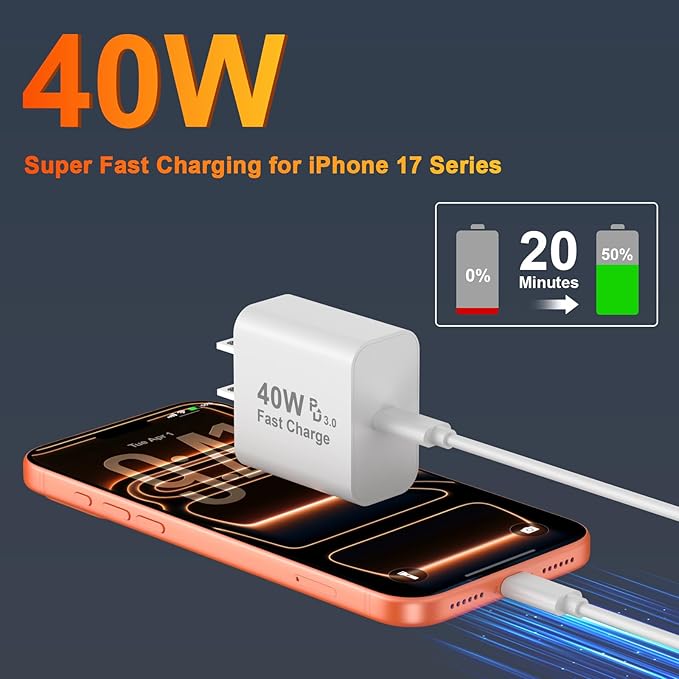iPhone 17 16 15 Pro Max Charger Fast Charging, 40W USB C iPhone 17 16 15 Fast Charger Block with 6FT Type C to C Charging Cable Cord for iPhone 17/17 Pro Max/17 Pro/Air/16/16 Pro Max/15/15 Pro Max