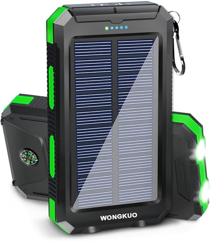 WONGKUO Solar Charger Power Bank - 36800mAh Solar Phone Charger, QC3.0 Fast Charger with LED Flashlight, IP65 Waterproof Portable Power Bank for Outdoor Activities (Matte Green)