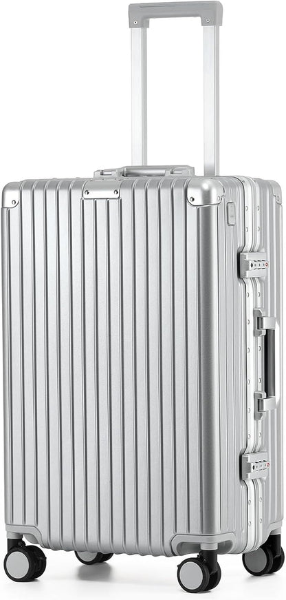 24 Inch Aluminum Frame Checked Travel Luggage with Spinner Wheels,Zipperless Hard Shell Suitcases with TSA Approved USB Port,Cup & Phone Holder for Women Men,Silver