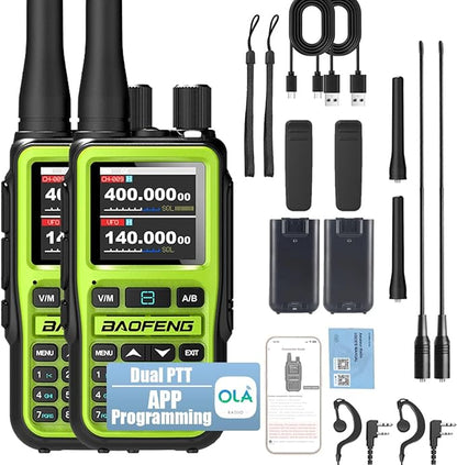 Baofeng UV-5R Mini Dual Band Radio - 5W 2-Way Radio w/999CH | Bluetooth & NOAA Weather | USB-C Charging | Emergency Kit for Camping, Hunting (2 Pack) (Green)