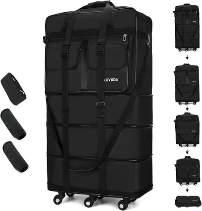 130L Expandable Luggage, 40 Inch Suitcase with Wheels, Collapsible Luggage with Wheels, Rolling Duffle Bag with wheels, Foldable Suitcasewith2Handle Wrap 2Fixing Straps 1Shoulder Strap (Black)