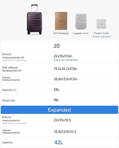 Carry On Luggage 22x14x9 Airline Approved, FLO5 Expandable Polycarbonate Suitcase with Front Pocket (FX-Core, Purple, 20 Inch)
