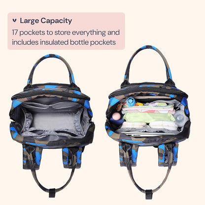 BabbleRoo Diaper Bag Backpack - Baby Essentials Travel Tote - Multi Function Water Resistant Diaper Bag, Travel Essentials Baby Bag with Changing Pad, Stroller Straps & Pacifier Case - Blue Camo