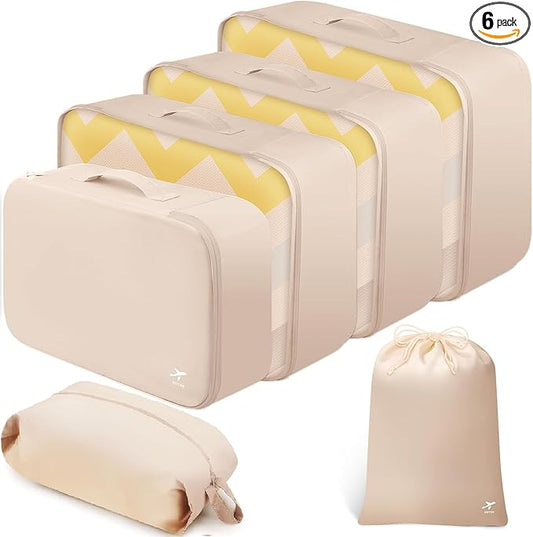 HOTOR Packing Cubes for Suitcases - 6 Pieces, Light Packing Cubes for Travel, Premium Suitcase Organizer Bags Set, Space-Saving Luggage Organizers, Travel Accessories and Essentials, Beige