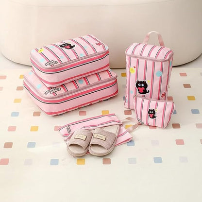 Striped Travel Organizer Bag Set with Cute Cat Design - 5-Piece Portable & Waterproof Packing Cubes for Luggage Clothing & Toiletries (Pink Cat)