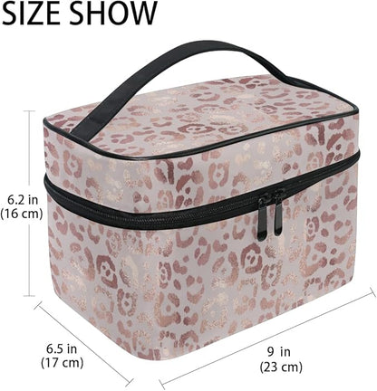 Makeup Bag, Rose Gold Leopard Travel Makeup Organizer Bag Cosmetic Cases Toiletry Bags for Girl Women Ladies