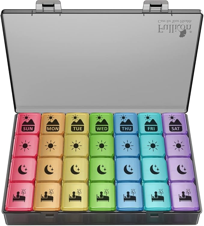 Extra Large Weekly Pill Organizer 4 Times a Day, Fullicon XXL Large Pill Box, 7 Day Medicine Organizer, Black Pill case for Vitamin/Fish Oil/Supplements