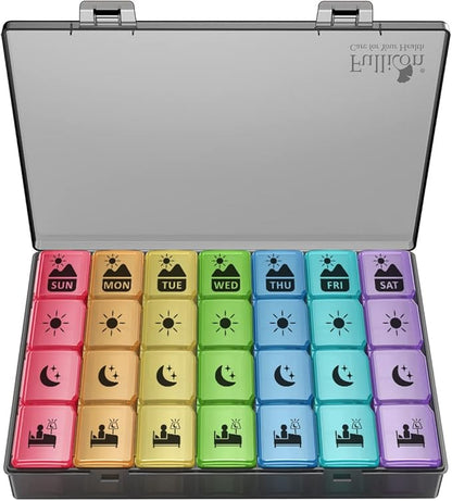 Extra Large Weekly Pill Organizer 4 Times a Day, Fullicon XXL Large Pill Box, 7 Day Medicine Organizer, Black Pill case for Vitamin/Fish Oil/Supplements