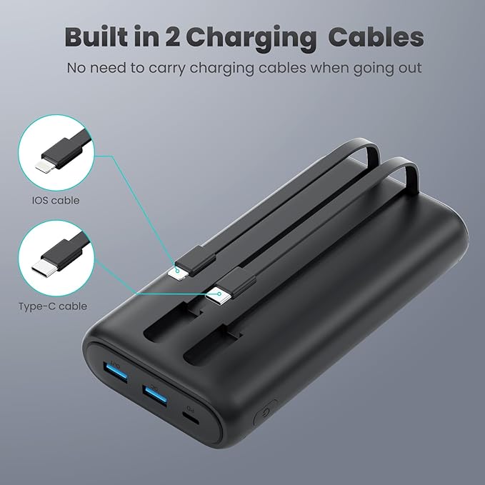 Upgraded Portable Charger 40800mAh Power Bank - Portable Battery with 2 Built in Cables,PD 25W USB C Fast Charging Battery Pack Compatible with iPhone 17 16 15 14 13 Android Phone etc-Black