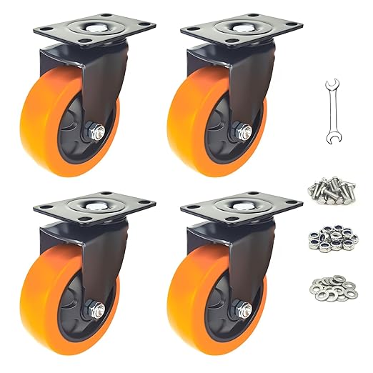 4 Inch Caster Wheels, Heavy Duty Casters Set of 4, Swivel Top Plate Industrial Casters for Furniture and Workbench, Orange Castors with Polyurethane Wheel (Orange 4 x Swivel, 4 Inch)