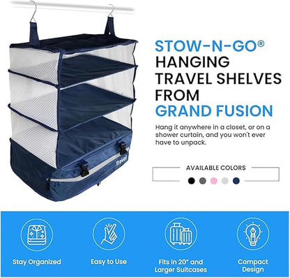 Grand Fusion Stow-N-Go Travel Luggage Organizer – Portable Hanging Travel Shelves, Carry-On Closet Organizer, Hanging Packing Cubes, Collapsible Carry-On Organizer for Cruises & Hotels. Blue - XL