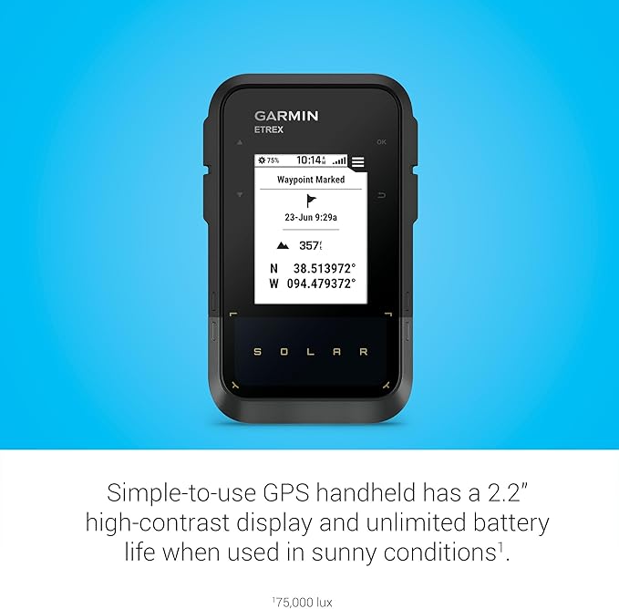 Garmin eTrex® Solar, GPS Handheld Navigator, Unlimited Battery Life, Water Resistant
