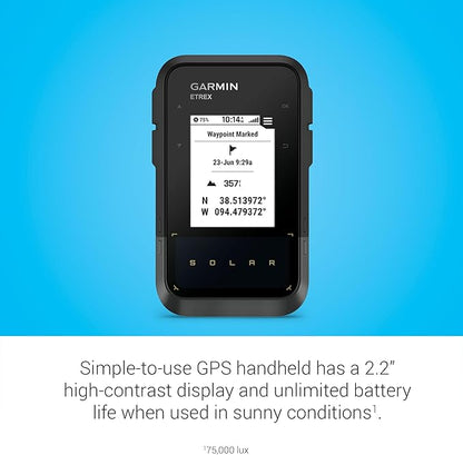 Garmin eTrex® Solar, GPS Handheld Navigator, Unlimited Battery Life, Water Resistant