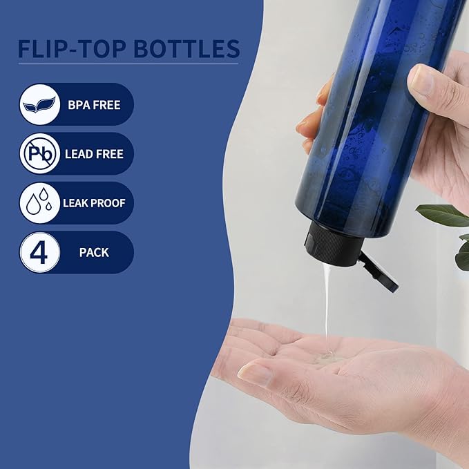 LISAPACK 8.3oz Travel Bottles with Flip Cap (4 Pcs) Empty Dispenser Container for Travel Size Cosmetics (250ml, Blue)