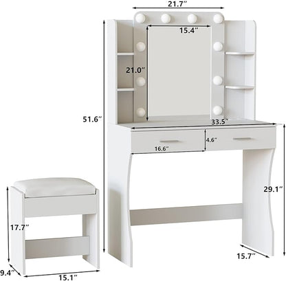 Vabches Vanity Desk with Mirror and Lights,Makeup Vanity Table with Charging Station,Vanity Set with 2 Drawers & Lots Storage Space,3 Lighting Modes Adjustable Brightness,White