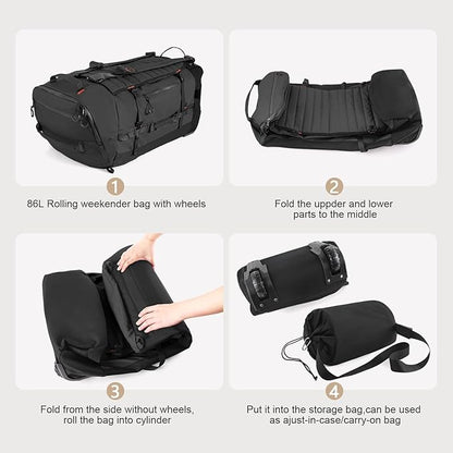 CONTAIL 86L Wheeled Duffel Bag, Soft Shell with Adjustable Web Handles, Carry On Size 29.5x14.2x12.6in, Foldable with Dual Wheels & Shoe Compartment,Black