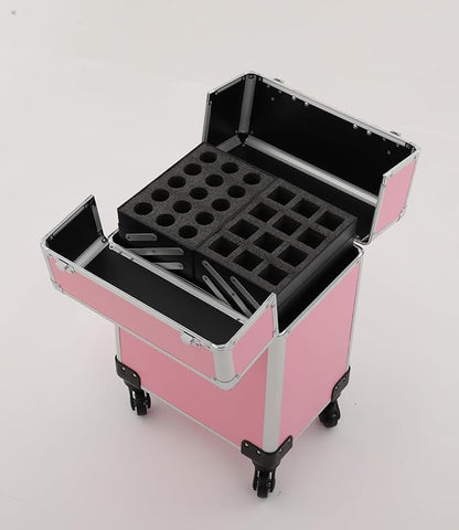 Pink Rolling Makeup Case, Professional Cosmetic Box Storage on Wheels, Large Make Up Train Carrying Cases w/4 Organizer Trays, Cosmetic Case Trolley with Locks for Makeup/Nail Art/Hair Styling
