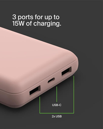 Belkin Portable Charger, USB C Power Bank 20000 mAh w/ 1xUSB-C Port & 2xUSB-A Ports, 15W w/ Type-A to Type-C Cable - iPhone 17, Air, Pro, Pro Max, Samsung Galaxy S25, Google Pixel 10, etc. - Rose Gold