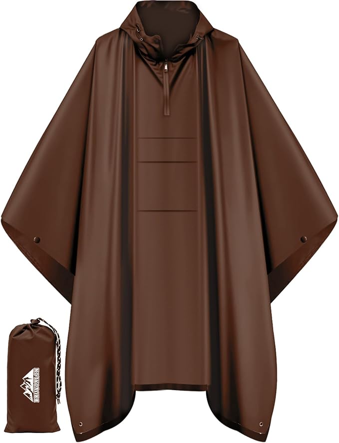 Bruvoalon 3-in-1 Rain Poncho with 1/4 Zip & Chest Pocket, Waterproof, Sunshade, Ground Mat for Adults & Youth Emergency