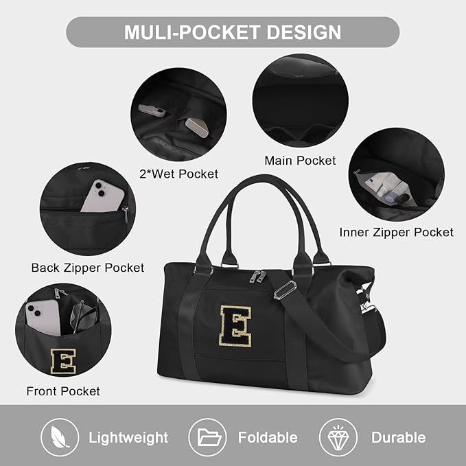 Dance Gym Duffel Bag for Teen Girls, Personalized Initial Travel Weekender Bag,Cute Overnight Carry On Duffle for Women,Sports Travel Cheer Bag,Monogram Christmas Gifts for Tween Preppy(black-E)