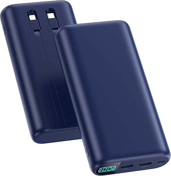 Portable Charger 40,800mAh Power Bank with Built-in Cables,5 USB Output Battery Pack Backup,25W PD Fast Phone Charging Travel Essential Outdoor for iPhone 17/16/15 Pro,Android Galaxy Pixel Nexus-Blue