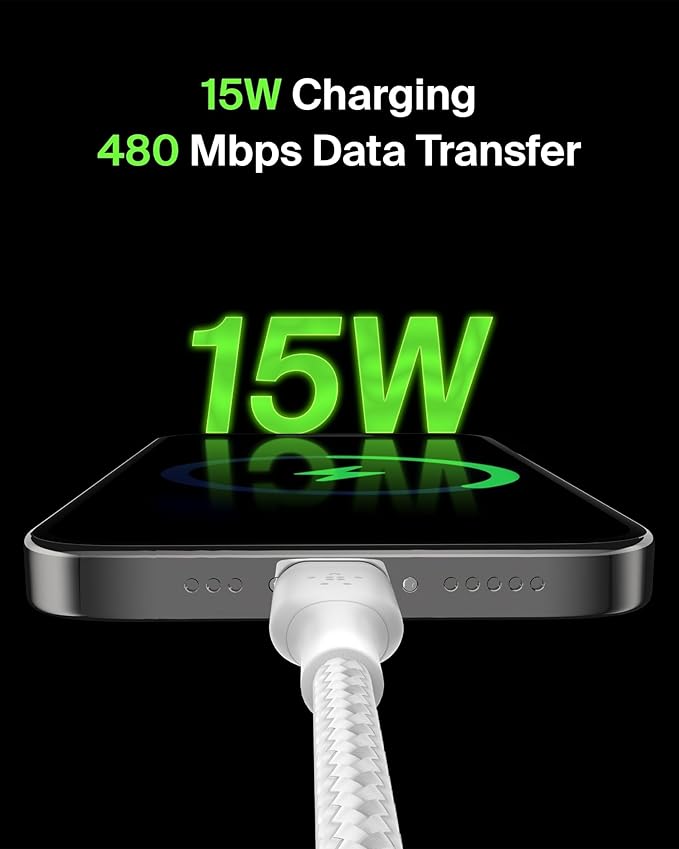 Belkin USB A to USB C Cable, 3.3ft, 15W - Type C Charger, iPhone Charger Cord, Soft, Braided, Flexible for iPhone 17 & 16, Galaxy S25, Pixel 10, iPad Pro, Airpods Pro, Switch & More - White