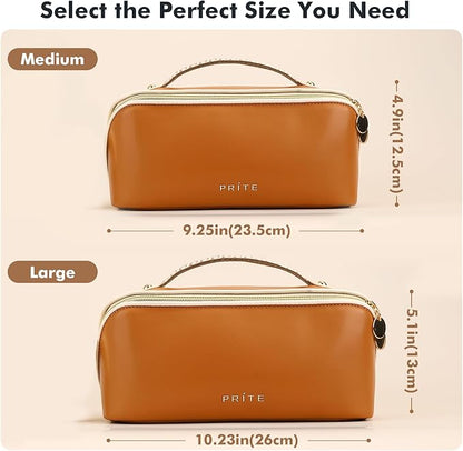 Prite Makeup Bag for Women Travel Waterproof Vegan Leather Cosmetic Bag Open Flat Toiletry Bag With Clear Divider and Handle (Large Brown)