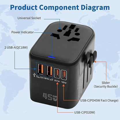 Aigostar 5-in-1 Universal Travel Adapter, GaN 45W Fast Charge International Plug Adapter with 2 Type-C & 2 USB-A Ports, Worldwide Power Adaptor Wall Charger for EU US UK AUS CHN JP Travel Business