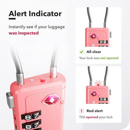 TSA Approved Luggage Locks | Inspection Indicator, 4-Digit Combination, Durable Zinc Alloy | for Suitcases, Backpacks, Travel Bags | Pink, 2-Pack