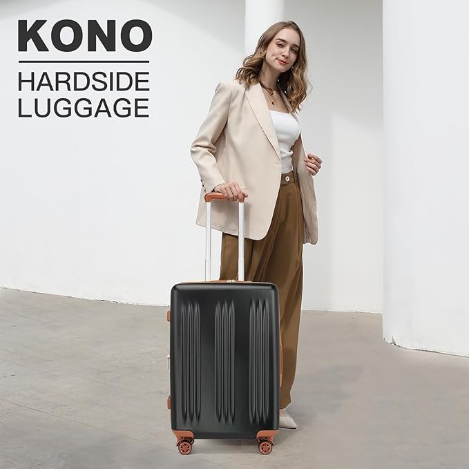 Kono Lightweight 24 Inch Expandable Luggage with Quiet Spinner Wheels TSA Lock, Scratch and Drop Resistant PC+ABS Hardside Durable Medium Checked Suitcase, Black & Brown