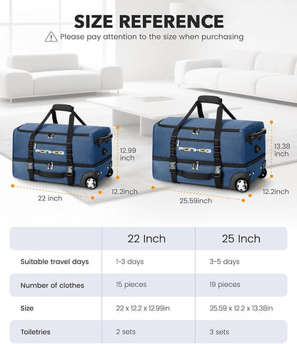 22 Inch Rolling Duffle Bag with Wheels for Men - Water Resistant Wheeled Duffle Bag for Weekend Travel & Overnight Trips, Blue