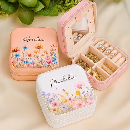 Personalized Name Travel Jewelry Case with Watercolor Flower - Custom Name Travel Jewelry Box with Mirror Birthday Gift for Her - Small Floral Leather Jewelry Organizer for Women Bridesmaid Girl