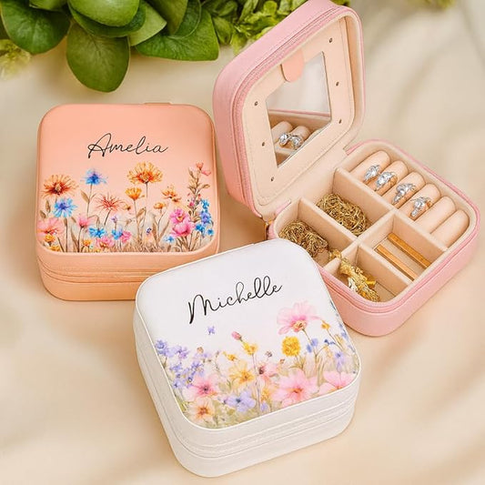 Personalized Name Travel Jewelry Case with Watercolor Flower - Custom Name Travel Jewelry Box with Mirror Birthday Gift for Her - Small Floral Leather Jewelry Organizer for Women Bridesmaid Girl