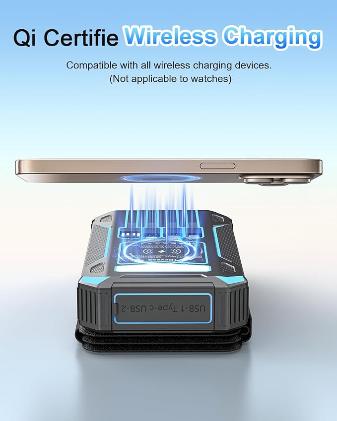 Solar Charger Power Bank 49800mAh With Built-in Cables, 12W QC3.0 Fast Charging, Wireless Portable Phone Charger for iPhone Samsung, Battery Pack With 4 Solar Panel , USB-C, Flashlight for Outdoor