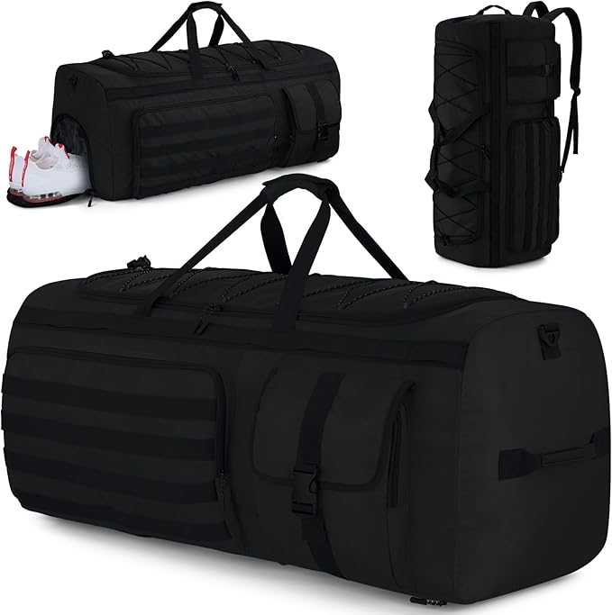 Gonex 130L Extra Large Duffel Bag for Men, Heavy Duty 3 in 1 Convertible Carry Travel Duffle, with Shoe Compartment, Tactical Loops, Sports Gear Bag for Family Trips (Black)