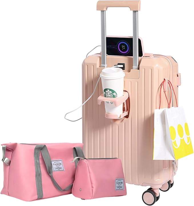 Luggage Set 3 Piece with Cup Holder and USB Charging Port, Hard Side Carry-on Luggage with Spinner Wheels, Lightweight Luggage for Travel, Business (Pink+Bag, Carry-On 20-Inch)