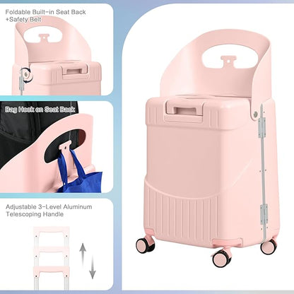 smilesun 22" Carry On Luggage with Seat For Kids & Adults，Hardside Ride On Suitcase Front Opening with 360°Spinner and TSA Lock For Travel (Light Pink with Front Open, 22")